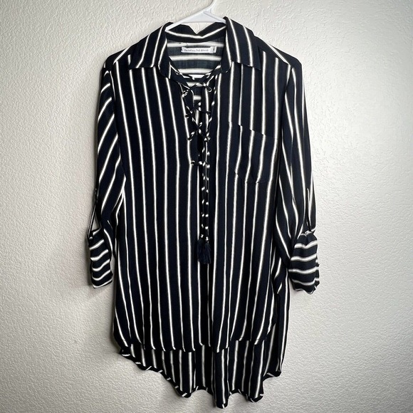 Faithfull The Brand Stevie Striped High low Long Sleeve Tunic Lace Up XS j16 - Picture 3 of 7